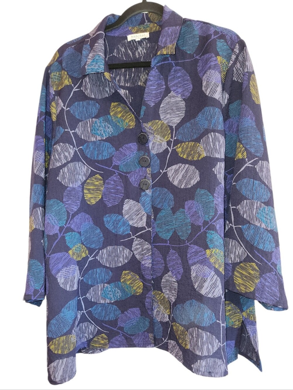 Habitat Navy Abstract Leaf Print Button Up Shirt Lagenlook Size XXL 3/4 Sleeves